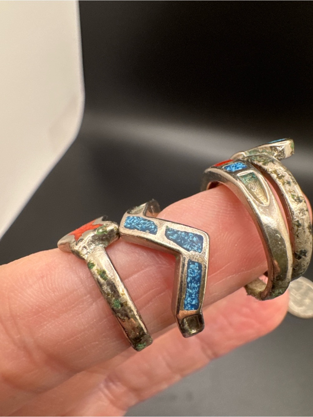 Sterling Silver Inlay Star & Teardrop Rings. Blue & Red - Picture 3 of 7